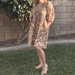 Short 3/4 Sleeve Balloon Mustard/Cream color dress